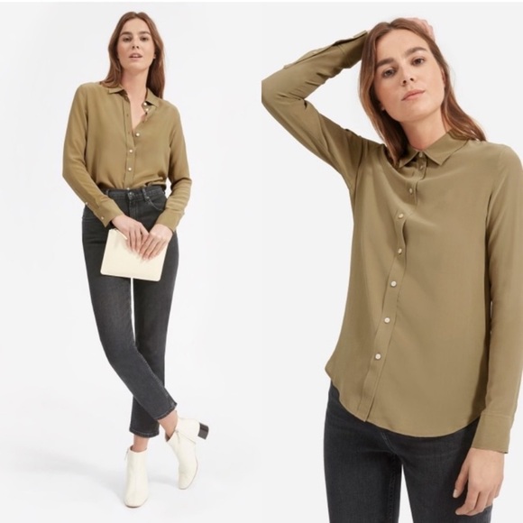 Everlane Clean Silk Relaxed Button Down Shirt in Covert Green Size 6 - Picture 2 of 8